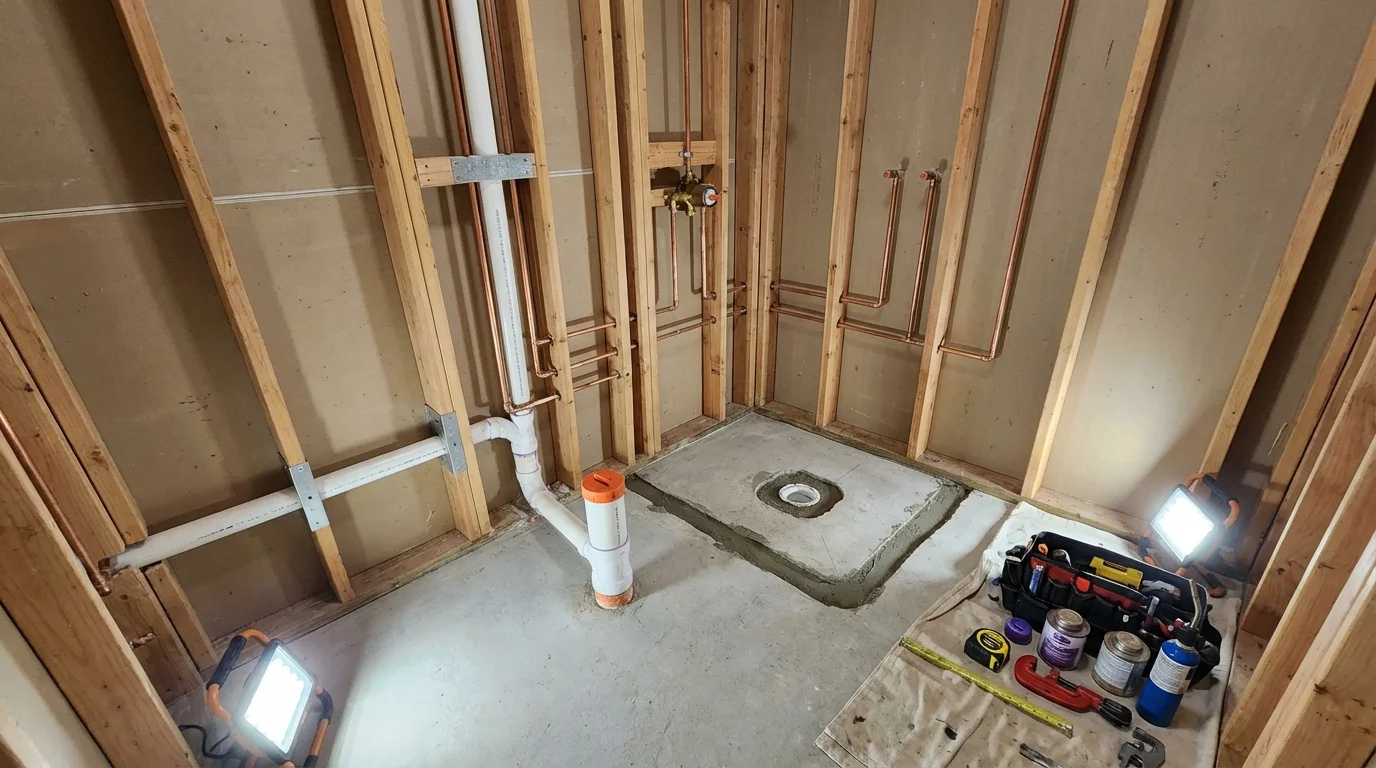 Bathroom rough-in plumbing during remodel by Johns Plumbing LLC in Huntersville