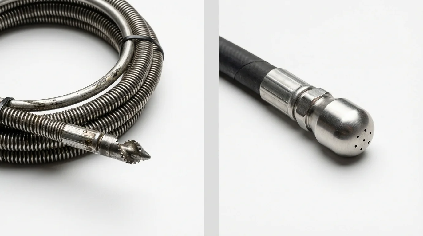 Drain snake cable and hydro jetting nozzle used for drain cleaning in Huntersville, NC