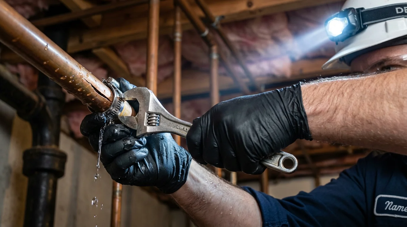 Emergency pipe clamp repair being performed by a Johns Plumbing LLC plumber in Huntersville