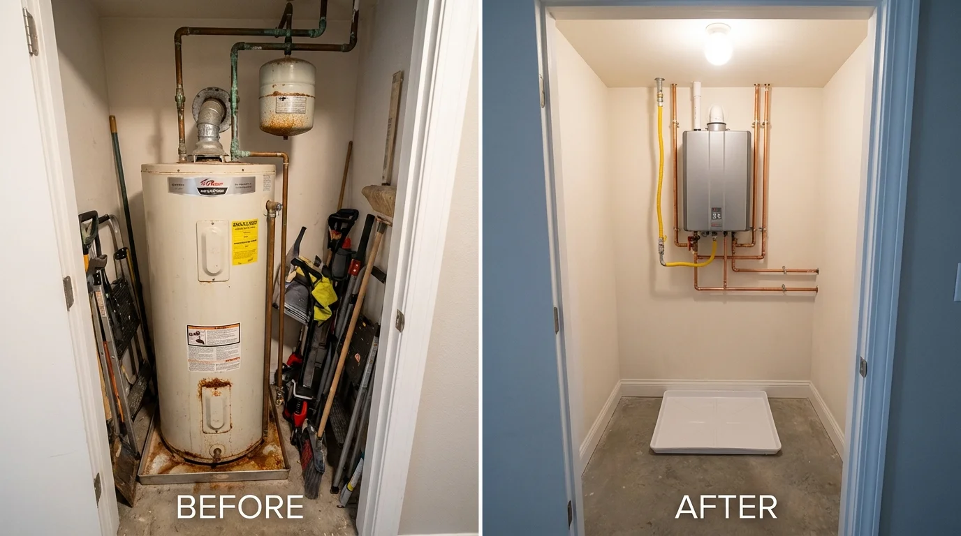 Tank water heater versus wall-mounted tankless unit comparison for Huntersville, NC homeowners