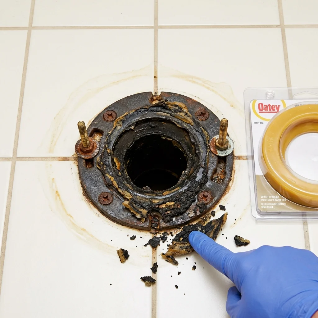 Failed wax ring showing water seepage at the base of a toilet in a Huntersville, NC home