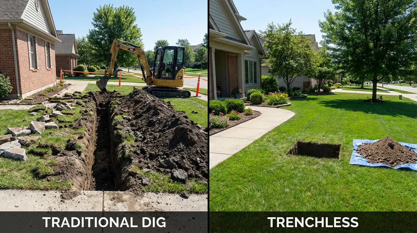 Trenchless sewer repair with minimal yard damage versus traditional excavation in Huntersville, NC