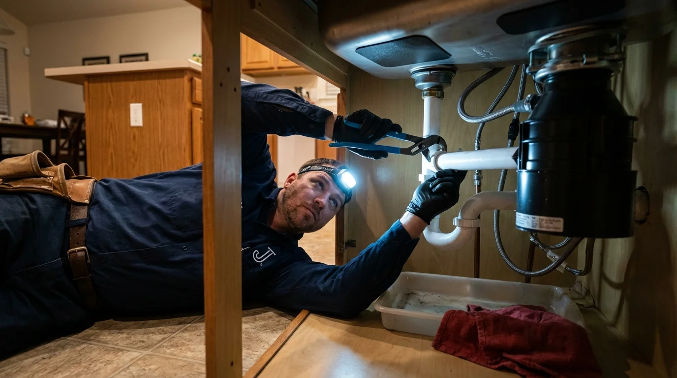 P-trap and supply line connections under a kitchen sink showing a common leak point in Huntersville, NC